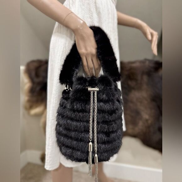 Black Multi Use Handmade Genuine Mink Fur & Drawstring Bucket Bag with 3 Straps - Picture 2 of 16